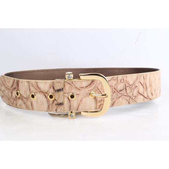 Beige Embossed Leather Wide Adjustable Waist Belt Size 46 Gold Buckle main image 10